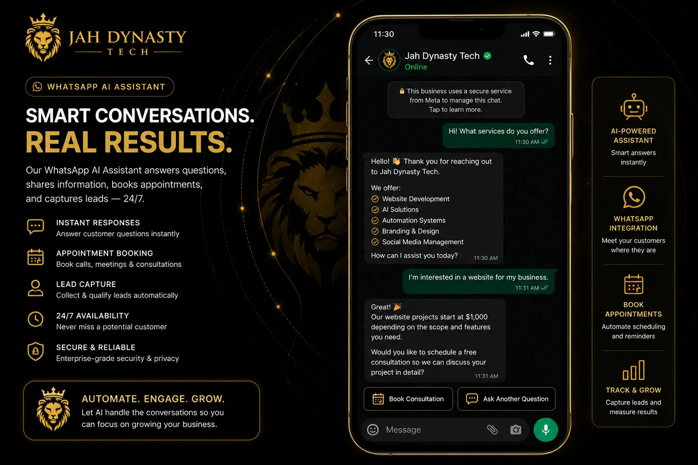 Jah Dynasty Tech WhatsApp AI assistant concept visual